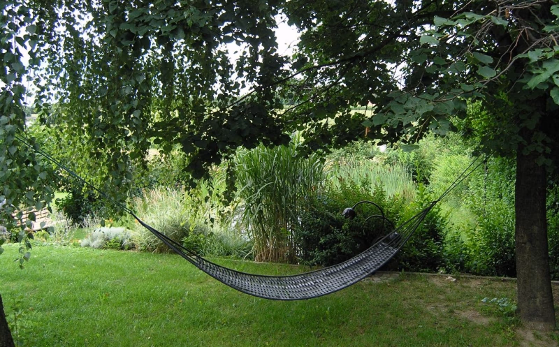 Schalenförmige Gartenliege zwischen Bäumen
