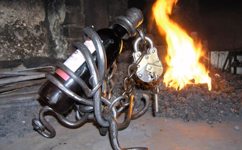 Geschmiedeter Weinflaschenhalter vor dem Feuer